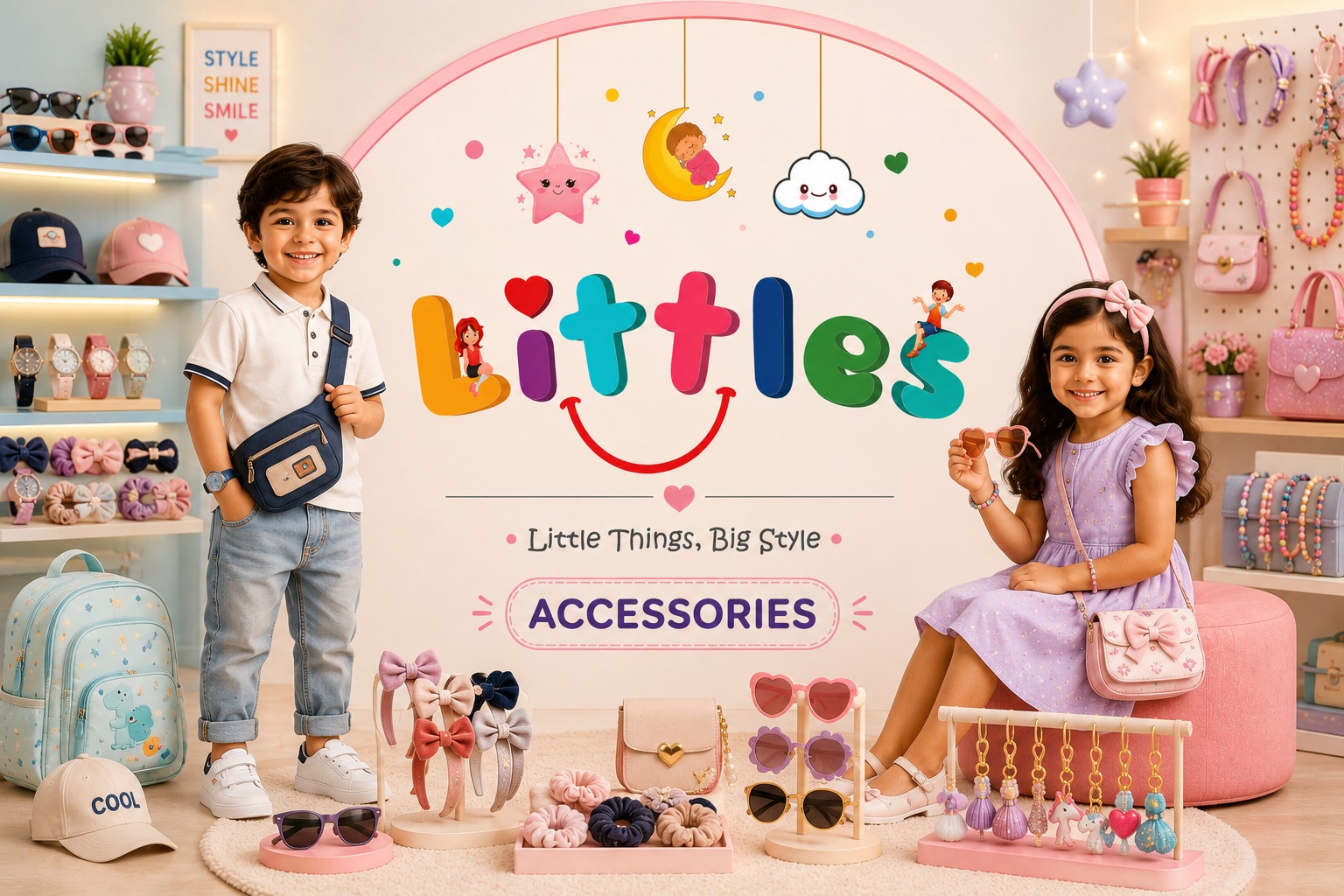 Smiling boy and girl surrounded by colorful bags, sunglasses, hair accessories and jewelry
