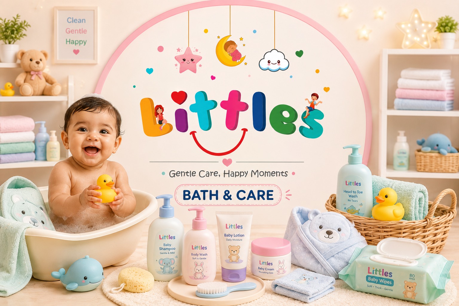 Happy baby at bath time with gentle skincare, towels and baby wipes