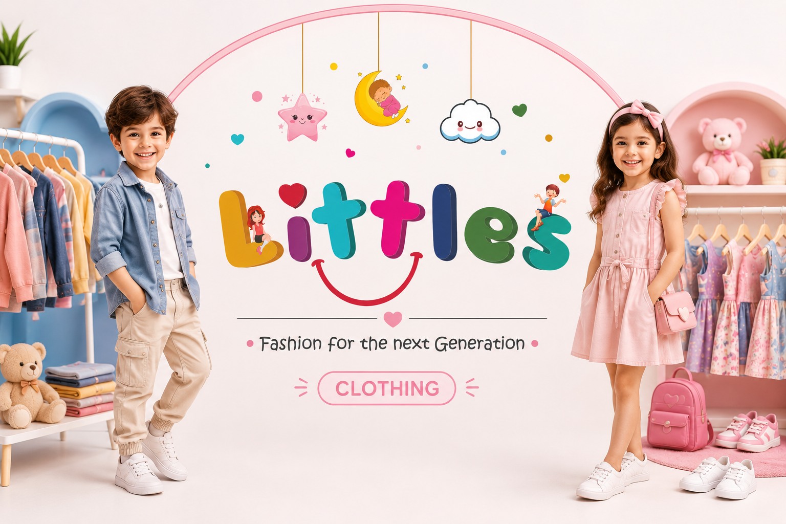Smiling boy and girl wearing Little's blue and pink clothing in a colorful boutique