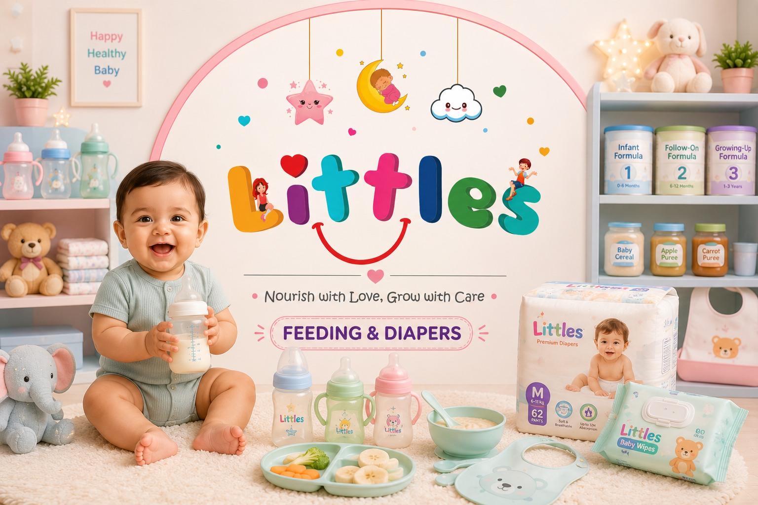 Happy baby with feeding bottles, baby food, diapers and wipes