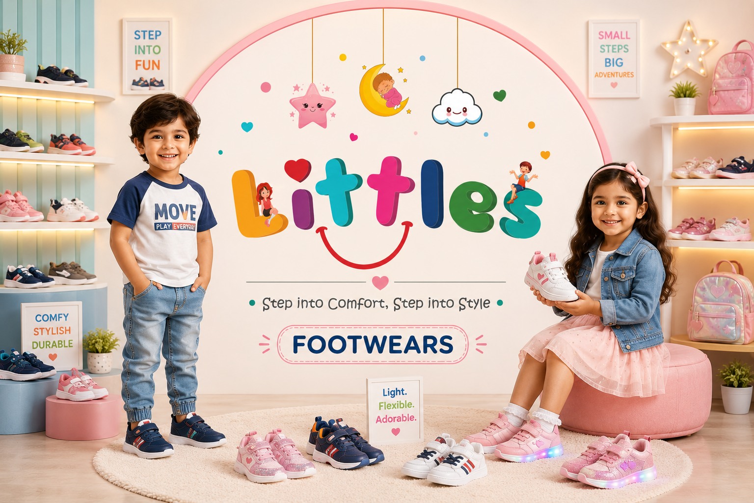 Smiling boy and girl presenting comfortable blue and pink children's footwear