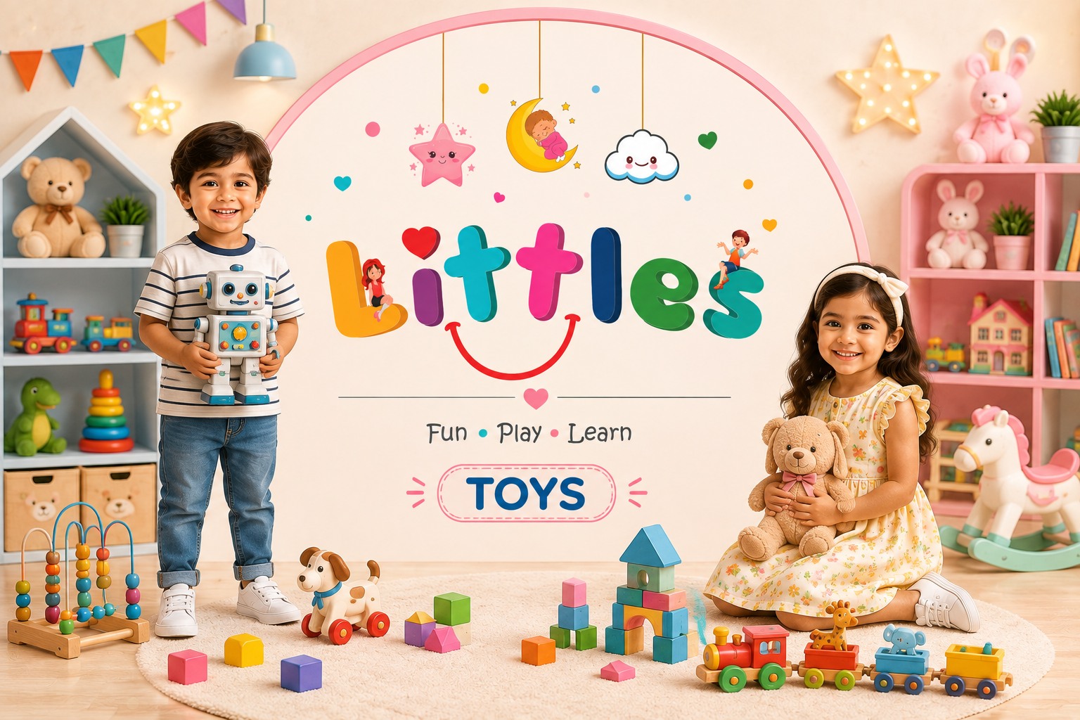 Smiling boy and girl enjoying colorful educational toys and soft toys